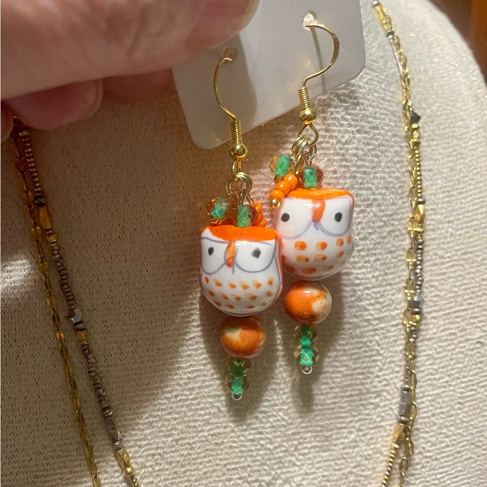 Fun Owl Earrings with Orange and Green Accents - Picture 4 of 9